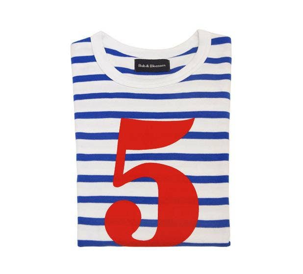 Bob & Blossom French Blue & White Breton Striped Number 5 T Shirt