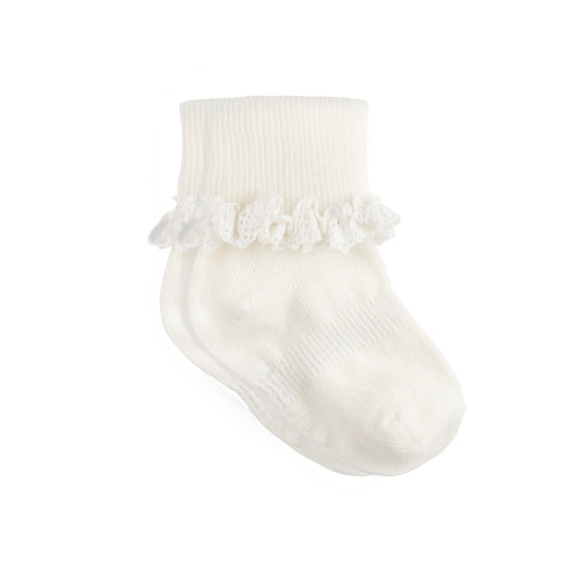 The Little Sock Company - 6-12 months Frilly Non-Slip Stay-On Baby and Toddler Socks - Pearl White