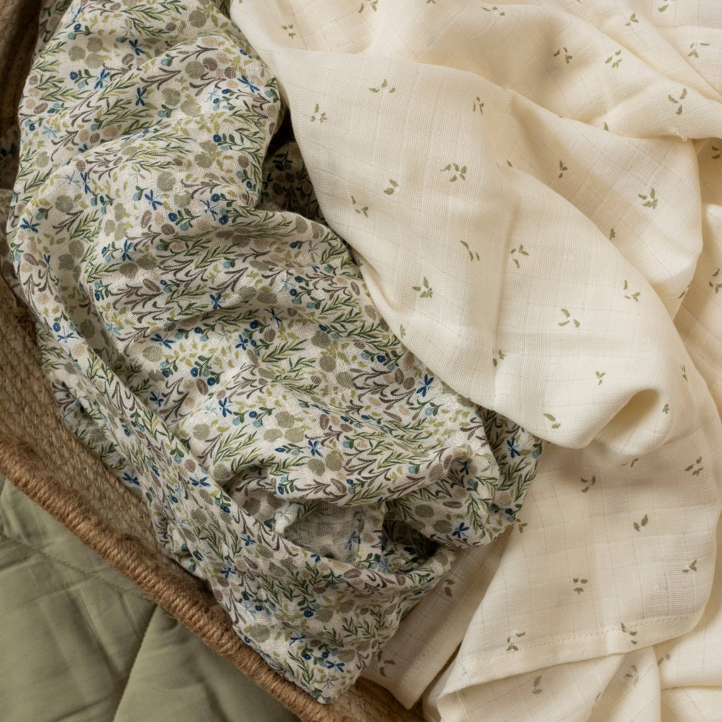 Avery Row - Extra Large Organic Baby Muslins, Set of 2 - Riverbank / Nettle Scatter